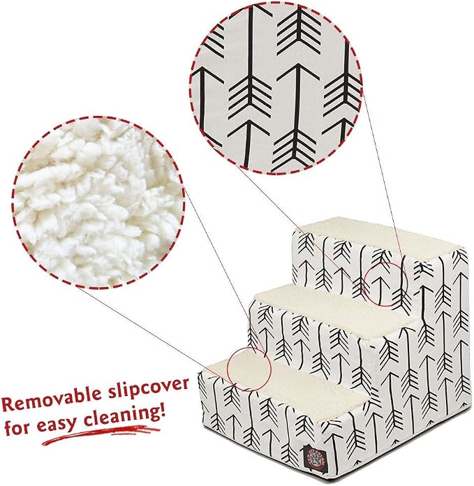 Majestic Pet 3 Step Portable Dog Stairs for Small Dogs to get on Bed Supports 250 lbs or Less – Dog Steps for High Bed with Machine Washable Cover –Pet Stairs for Cats Arrow White/Black