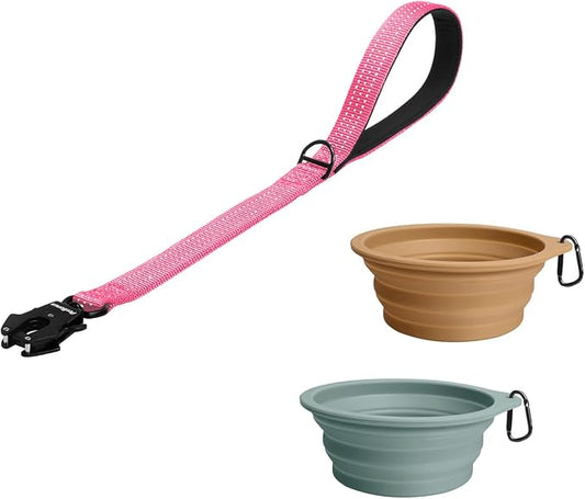 PetBonus Heavy Duty 24 Inch Short Dog Leash and 2-Pack Large Silicone Collapsible Dog Bowls
