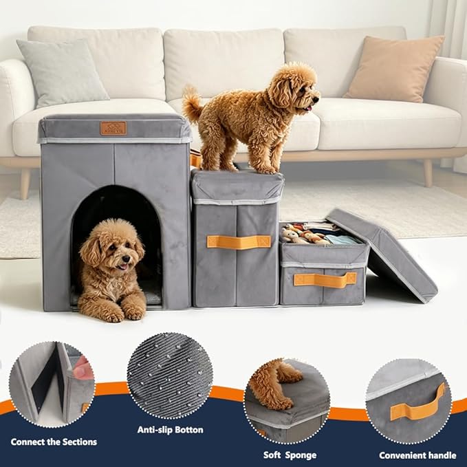 24" H Dog Stairs for High Beds,150 Lbs Capacity | Foldable and 3-Step design with storage & condo compartment, suitable for dogs & cats climbing bed, sofa and car