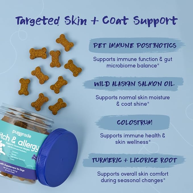 PupGrade Itch & Allergy Soft Chews for Dogs – Helps Reduce Occasional Itching – Skin & Coat Support Supplement with Pet Immune Postbiotics & Salmon Oil – Probiotic Immune & Gut Support – 120 Count