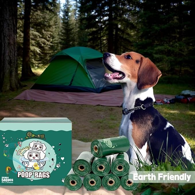 540 Biodegradable Pet Poop Bags (36 Rolls) - 9x13 Inch XL Cat Print Waste Bags for Dogs & Cats - Leak-Proof, Ultra-Thick, Scented with Leash Dispenser & Carabiner Clip, Green
