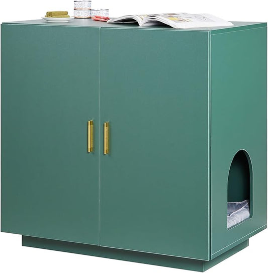 VEVOR Cat Litter Box Enclosure, 31.5 in Hidden Litter Box Cabinet, Wooden Indoor Cat Washroom with Ventilated Holes, Double-Door Kitty Pet House Furniture, End Side Table Fit Most Litterboxes