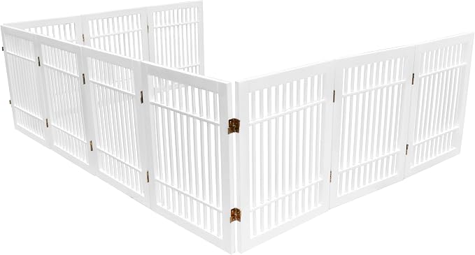 Urnporium Pet Dog Gate Freestanding, Strong Durable Folding Wooden Fence, Portable Acacia Hardwood Safety Barrier for Indoor & Outdoor Use (White Pet Gate, 10 Panel 24" Tall)