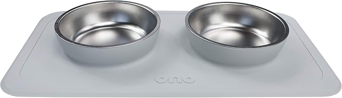Ono Good Bowl Food & Water Double Feeder - Small to Medium Pets No Spill Non Skid Silicone Mat & Stainless Steel Bowls for Dogs or Cats (Cool Gray)