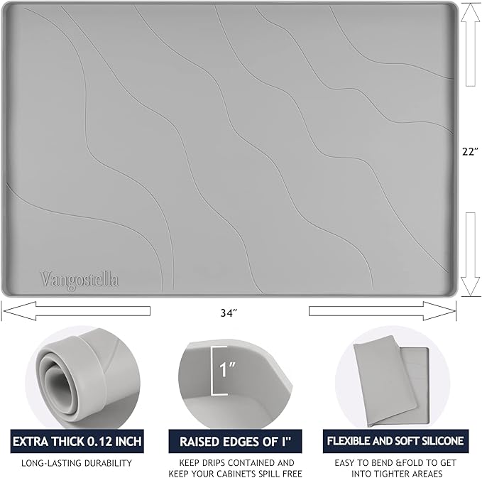 Heavy Duty Silicone Under Sink Mat for Kitchen&Bathroom 22" x 19",Waterproof Under Sink Rubber Mat Drip Tray, Raised Edge Under Sink Liner,Prevent Drips, Leaks, Spills,Grey