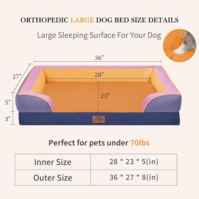 Comfort Expression Orthopedic Dog Bed for Large Dogs 36x27 Inch, Waterproof Egg Crate Foam Large Pet Bed with Bolsters, Dog Couch with Washable Cover & Non-Slip Bottom, Orange Breeze