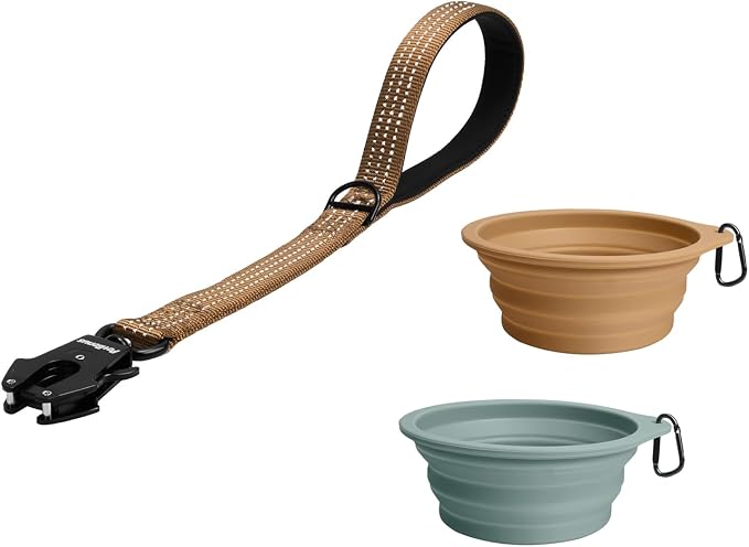 PetBonus Heavy Duty 18 Inch Short Dog Leash and 2-Pack Large Silicone Collapsible Dog Bowls