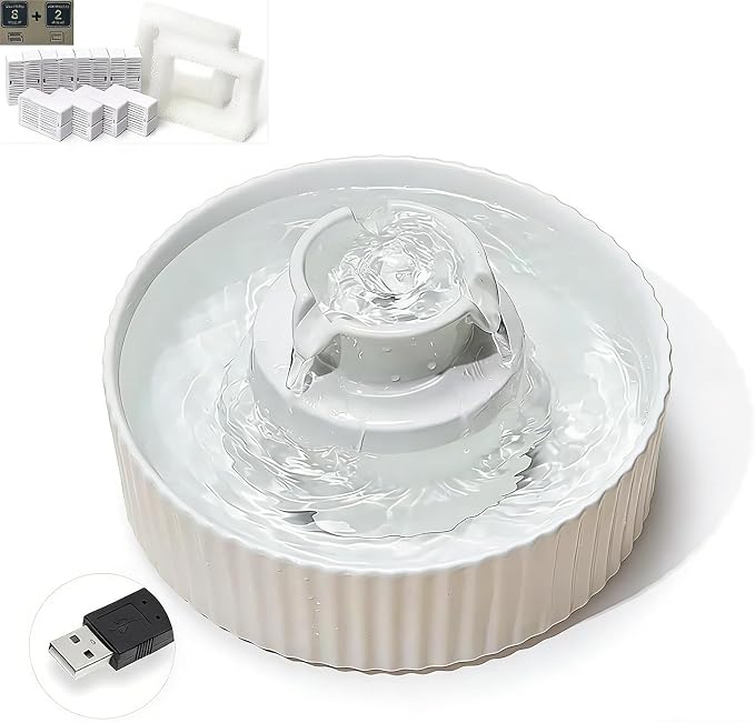 Ceramic Cat Water Fountain Cats 2.1L/71.02oz with 9 Filters 3 Sponge Tower Water Dispenser Dog Water Bowl Dispenser Cat Fountain for Cats Indoor Ultra Quiet Pump Pets Water Bottle White