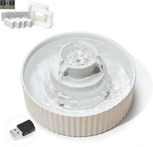 Ceramic Cat Water Fountain Cats 2.1L/71.02oz with 9 Filters 3 Sponge Tower Water Dispenser Dog Water Bowl Dispenser Cat Fountain for Cats Indoor Ultra Quiet Pump Pets Water Bottle White