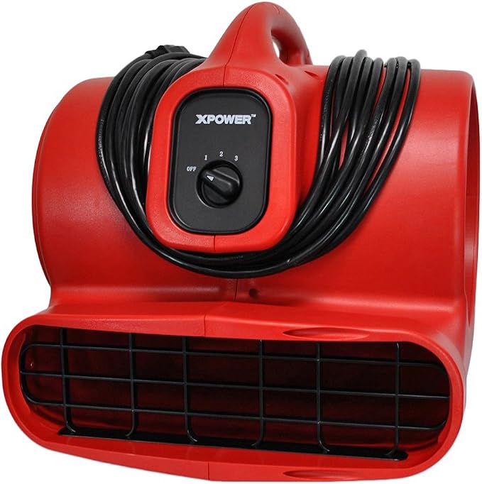 XPOWER X-600A Pro 1/3 HP 2400 CFM Centrifugal Air Mover, Carpet Dryer, Floor Fan, Blower, Daisy Chain, for Water Damage Restoration, Janitorial, Plumbing, Home Use, Red