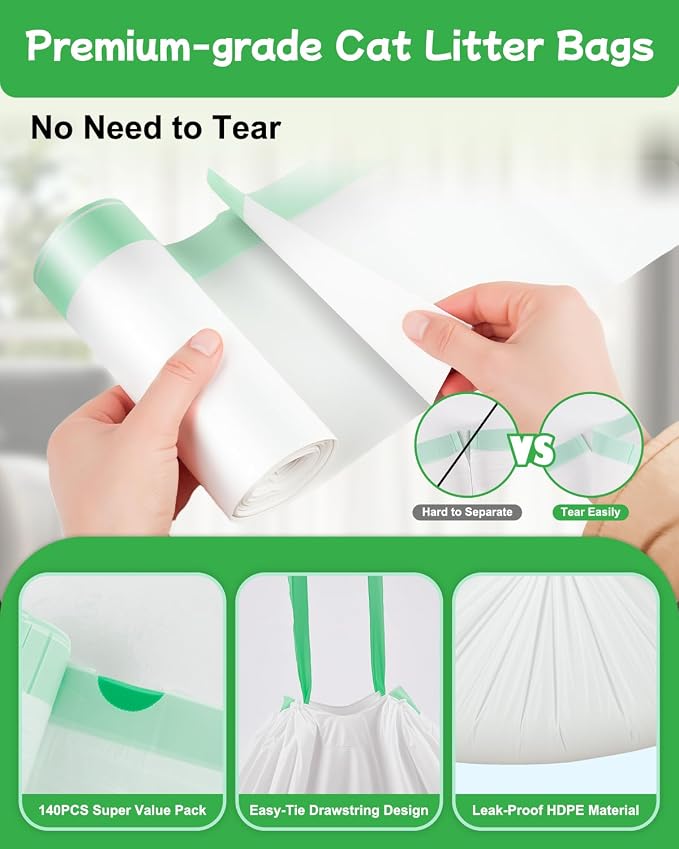 140 Count Cat Litter Bags Liners, Pre-separated Litter Robot Bags for Automatic Litter Boxes & Litter Robot 4/5/3, Thick 10-12 Gal Cat Waste Bags with Strong Ties, Fits Pans Under 24"