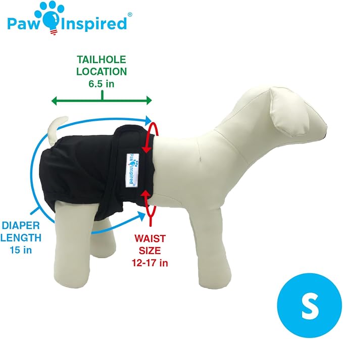 Paw Inspired Washable Dog Diapers (3 Pack) | Reusable Cloth Doggy Diapers for Female Small, Medium, Large Size Dogs (Black with Black Lining, Size Small)