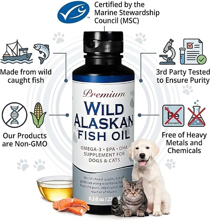 Life Line Pet Nutrition Wild Alaskan Fish Oil Omega-3 Supplement for Skin & Coat – Supports Brain, Eye & Heart Health in Dogs & Cats, 8.5oz