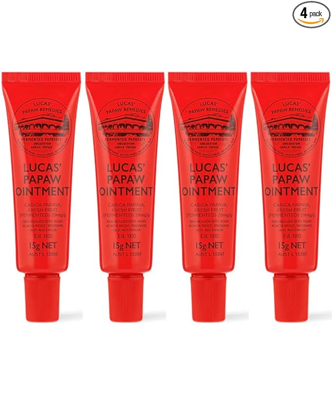 Lucas Papaw Ointment 15g Tubes with Lip Applicator — 4 Pack — Fermented Papaya Lip Balm for Dry, Chapped Lips, Purse Size, Made in Australia
