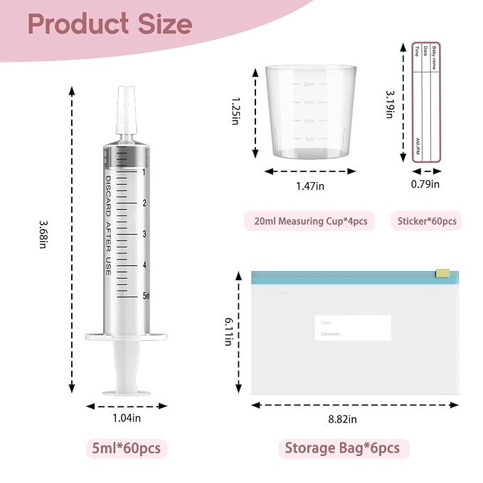 60 Sets 5Ml Colostrum Collector Kit Include 60 5ml No Needle Sterile Syringes with Cap, 4 Measuring Cup, 6 Zip-lock Storage Bags, 60 Labels for Breast Milk Collector
