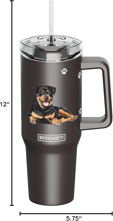 SERENGETI 40 Oz Ultimate Tumbler with Handle and Straw - Vacuum Insulated Tumbler with Straw and Lid - Stainless Steel Travel Mug for Pet Lovers - 3D Designs of your favorite Dog (Rottweiler)