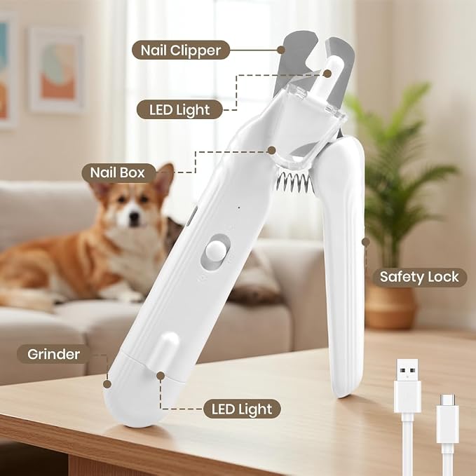 2-in-1 Dog Nail Clipper and Grinder with LED Light, USB Rechargeable Quiet Electric Pet Nail Trimmer for Dogs Cats with Safety Guard