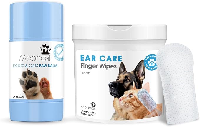Mooncat Pet Paw & Ear Care Bundle – Natural Dog Paw Balm for Dry Nose and Cracked Pads with Jojoba Oil, Aloe & Vitamin E (2oz) + Cat & Dog Ear Cleaner Wipes for Wax & Dirt Removal, Odor Control & Dail