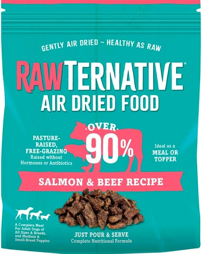 RawTernative Air Dried Dog Food, High Protein, Over 90% Real Salmon & Beef + New Zealand Green Mussels, Complete Meal or Topper, Grain Free, Gluten Free, Non GMO, (1 lb Bag)