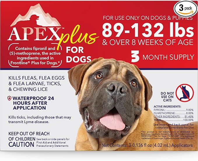 Apex Plus Flea and Tick Prevention for Dogs | X-Large (89-132 lbs) | 3-Month Supply | Dog Flea and Tick Treatment | 24-Hour Activation, Waterproof, 30-Day Protection