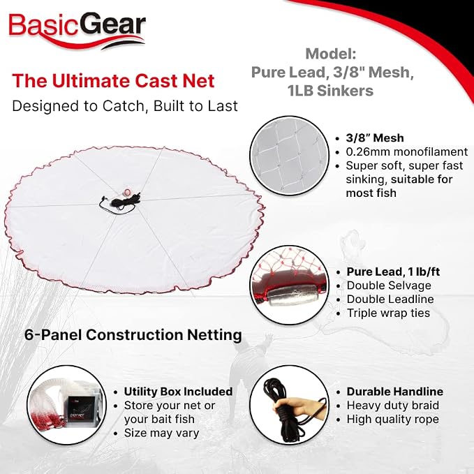 BasicGear Cast Net | Lead, 3ft-12ft Radius, 3/8 or 1/4 inch Mesh for Freshwater and Saltwater Bait Fish| Professional Grade and Upgraded Material | Throw Style