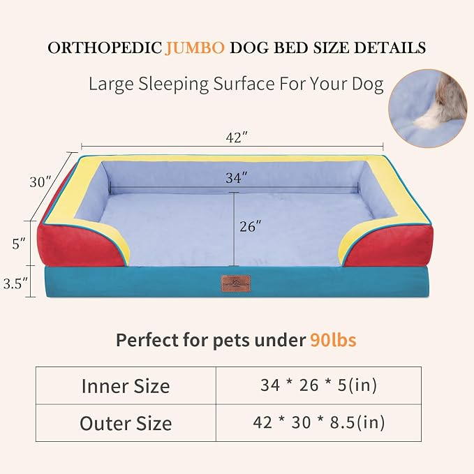 Comfort Expression Orthopedic Dog Bed for Extra Large Dogs 42x30 Inch, Waterproof Egg Crate Foam XL Pet Bed with Bolsters, Dog Couch with Washable Cover & Non-Slip Bottom, Funfetti Fiesta