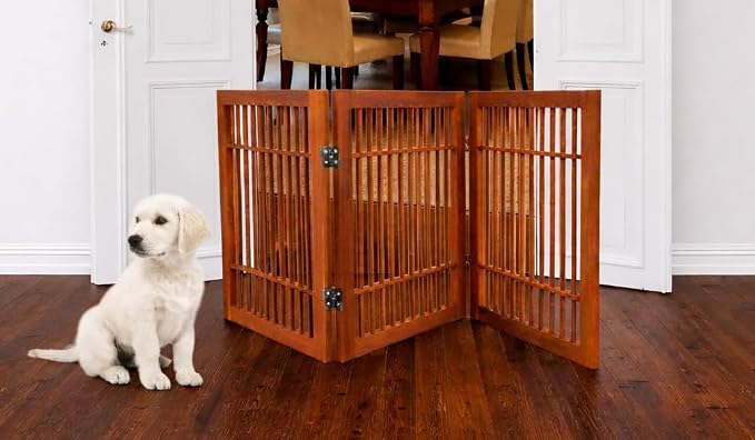 Urnporium Freestanding Wooden Dog Gate Foldable Indoor Pet Gate No Drill Expandable Barrier for Doorways Stairs Hallways Portable Wood Fence for Small Dogs & Puppies (Brown Pet Gate, 3 Panel 24" Tall)