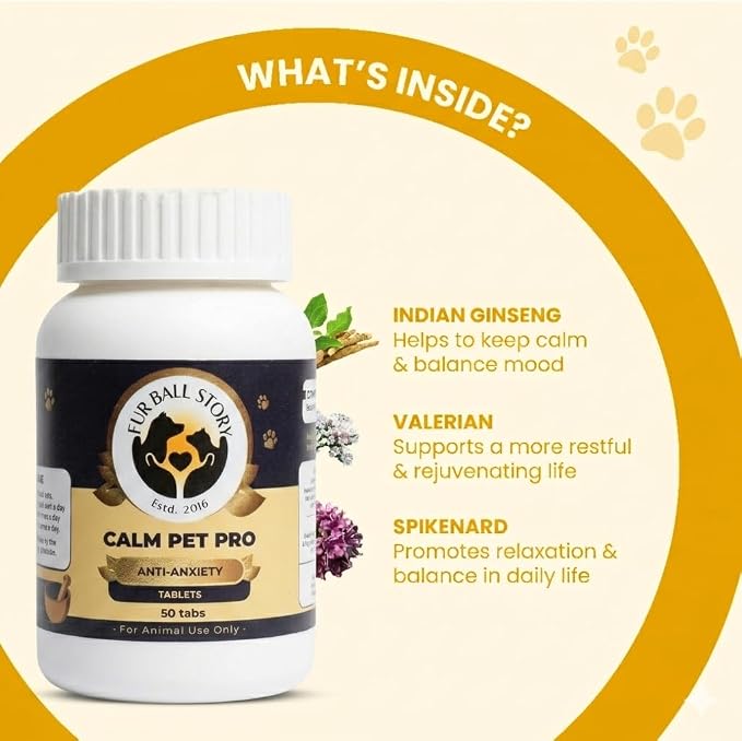Fur Ball Story Calm Pet Pro - Calming Supplement for Dogs & Cats | Supports Relaxed Mood | Banana-Vanilla Flavour (50 Tablets)