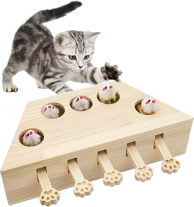 kathson Whack A Mole Cat Toy, Interactive Cat Toy Wood Kitten Puzzle Enrichment Box Catch Mice Game for Indoor Cat Exercise Relieve Boredom