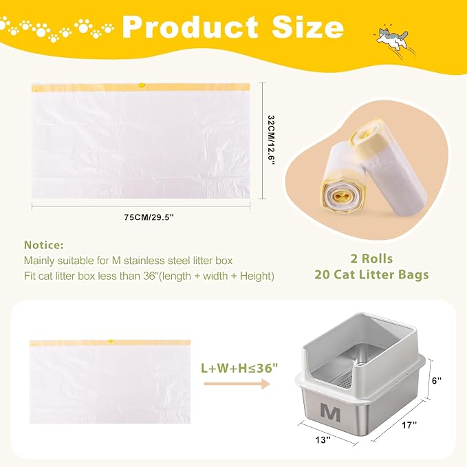 Litter Box Liners 20 Count, 29.5" x 12.6" Medium 3MIL Thicken Cat Litter Bags Tear Resistant Disposable Cat Litter Liners for M Stainless Steel Litter Box and Other Suitable Size Litter Box