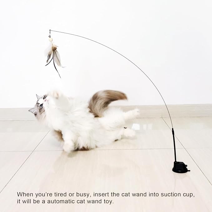 TTcat Cat Wand Toys with Suction Cup, Interactive Bird Simulation Cat Toy Set,Cat Teaser Cat Toys,Flexible Steel Wire and 3Pcs Replacement Feather Refills with Bells.