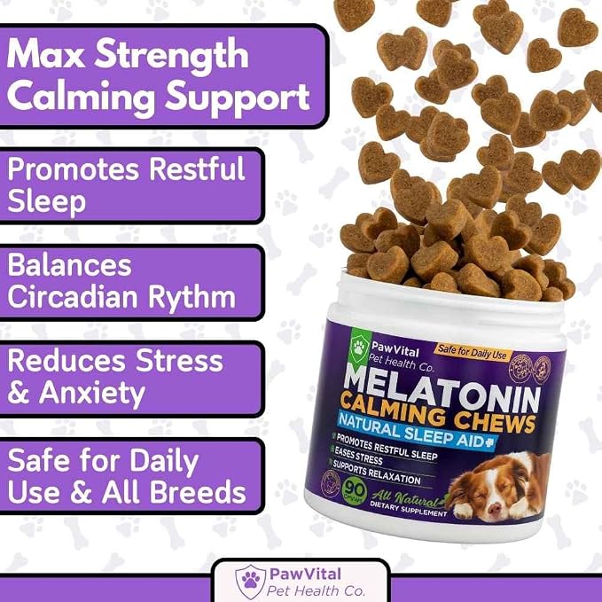 Melatonin Calming Chews for Dogs – Natural Sleep Aid & Anxiety Relief – Dog Calming Treats with Chamomile, Valerian Root, Ashwagandha & Theanine – 90 Soft Chews for Small & Large Breeds