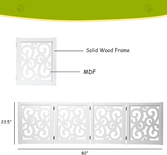 Ashfield & Harkness: 4-Panel Pet Gate - Scroll White - Wooden Foldable Freestanding Dog Fence, 80 x 23.5, Doorways-Halls-Stairs, 360 Rotated Hinges