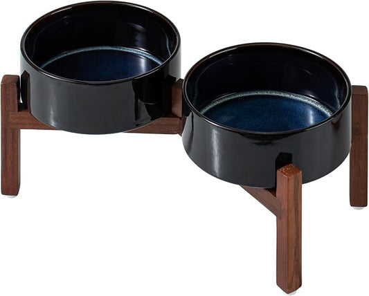Havniva 7.3" Elevated Dog Bowls Ceramic Raised Dog Bowl with Non-Slip Stand (Acacia Wood) Weighted Dog Food & Water Bowl for Medium Breed Dogs - 5 Cups 41 oz