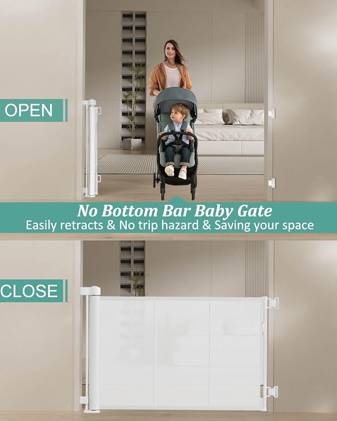 Miumoon 71 inch Retractable Baby Gates 34 inch Tall, Retractable Gate with Reinforced Strip Design to Prevent Crawling Through, 6 FT Retractable Dog Gate for Stairs, Doorways, Hallways, Indoor/Outdoor