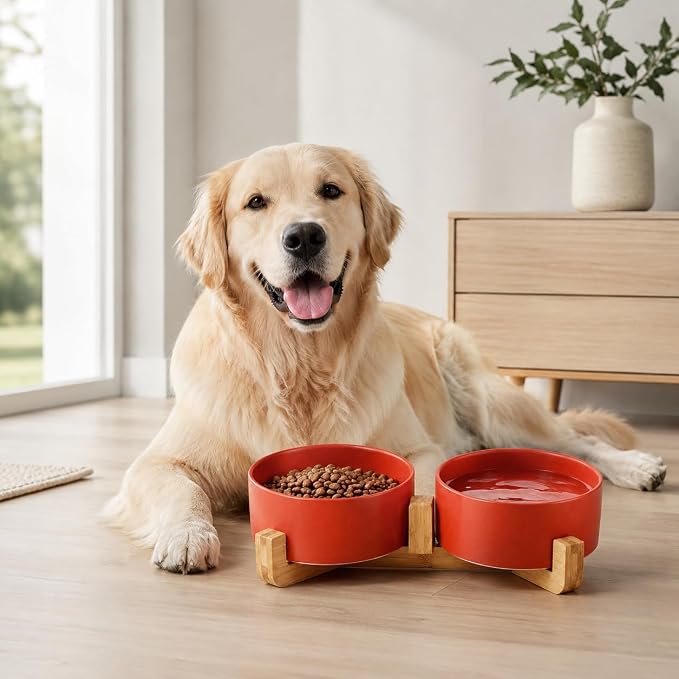 Petygooing Ceramic Cat Dog Bowl Set with Stand,Pet Food and Water Dishes,Medium Dog Bowls Anti -Slip Set of 2 Cat Dish Pet Food Bowls- Small Medium Size Pet (28OZ/6.1 in) Rust Red