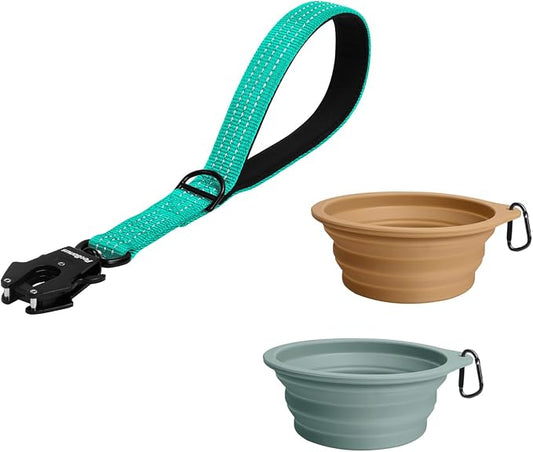 PetBonus Heavy Duty 12 Inch Short Dog Leash and 2-Pack Large Silicone Collapsible Dog Bowls