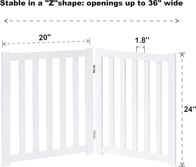 LZRS 2-Panel Wooden Free Standing Foldable Dog Gate Indoor – Solid Hardwood 24" High, Step-Over Safety Pet Gate for Doorways, Stairs & Small Spaces - Indoor Use, White