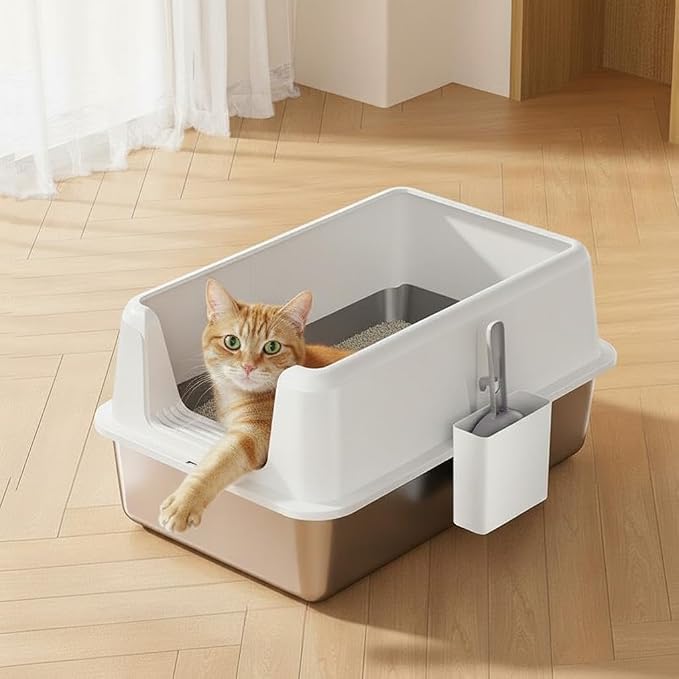 Splash-Proof Cat Litter Box, Stainless Steel Non-Stick Litter Pan with Lid & Side Opening, 8 Inch Deep Large Leak-Proof Tray, Includes Scoop-White
