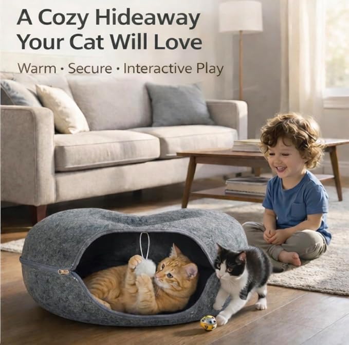 Cat Cave Tunnel Bed - Comfort Bedz Large Donut Cat House, Enclosed Felt Hideaway with Zipper, Top Perch, Interactive Toy, Washable for Indoor Cats up to 25lbs