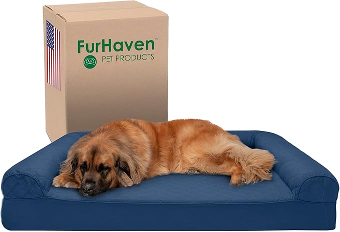 Furhaven Memory Foam Dog Bed for Large Dogs w/ Removable Bolsters & Washable Cover, For Dogs Up to 125 lbs - Quilted Sofa - Navy (Blue), Jumbo Plus/XXL