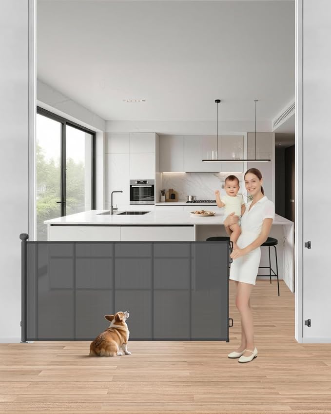 Retractable Baby Gate, 71" Wide 34" Tall Reinforced Mesh Baby Gate for Open Kitchens and Wide Doorways, One-Hand Operation Retractable Dog Gate, Fits Baseboards, Gray