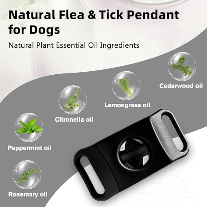 Natural Flea and Tick Prevention Pendant for Dogs Flea and Tick Collar, Waterproof Flea and Tick Repellent Dog Tag Safe for All Breeds & Sizes with 2 Silicone Buckles & 4 Refills, COLLAR NOT INCLUDED