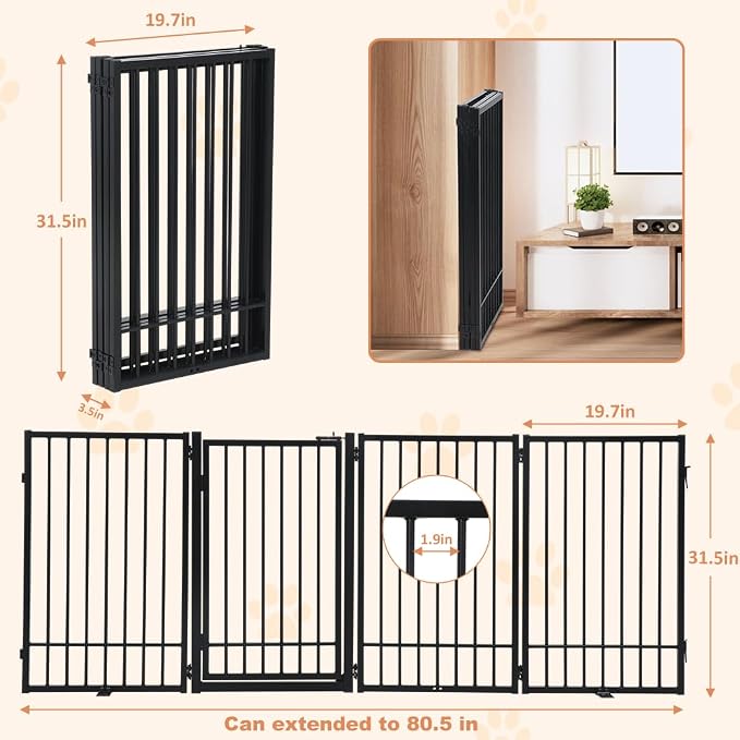 SMONTER Freestanding Dog Gate with Door Walk Through, 80.5'' Extra Wide Indoor Dog Fence, 31.5'' Height 4 Panels Foldable Metal Pet Puppy Gate for Stairs, Hallways, Doorway