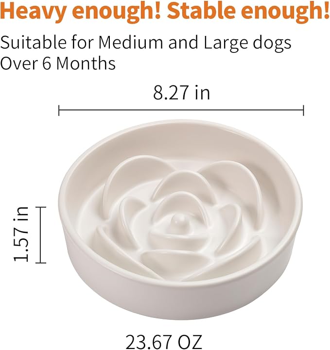 White Ceramic Dog Bowl Slow Feeder for Medium and Large Breed,1.5 Cup 8.26 in Slow Feeding Bowl,Puzzle Dog Food Bowl for Fast Eater,Maze Dish for Fast Eater