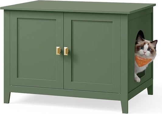 Feandrea Cat Litter Box Enclosure, Modern Hidden Cat Litter Box Furniture, Double Doors, Handles, Indoor Pet House Washroom, Living Room Side End Table, Forest Green UPCL015CH01