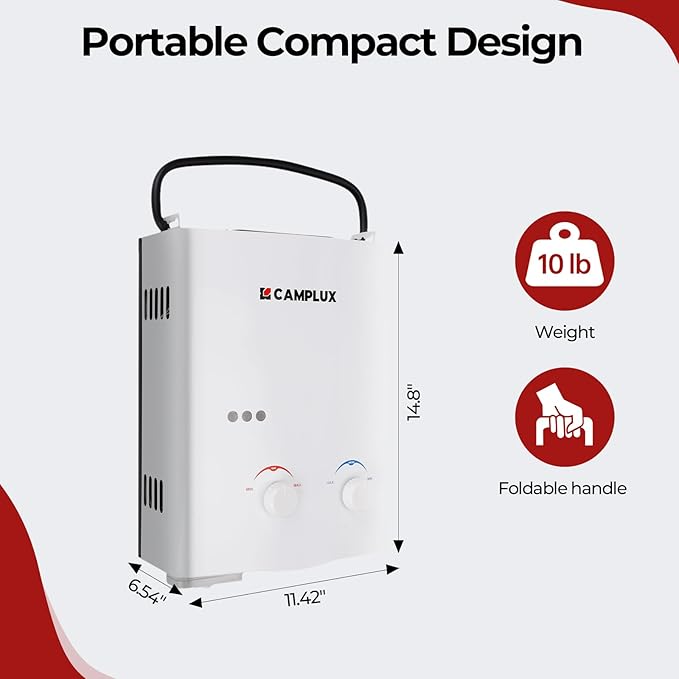 CAMPLUX Portable Propane Water Heater & Pump Kit, 1.32 GPM Tankless Gas Shower System with 12V Pump, Long Power Cables & Extension Hoses, Instant Hot Water for Off-Grid Camping, RV, AY132P43, White