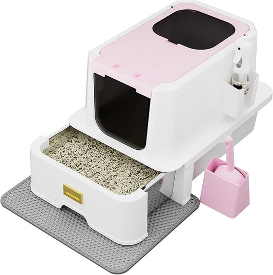 RIZZARI Pink Stainless Steel Cat Litter Box with Lid, Hidden Top Entry Kitty Litter Box with Drawer, Modern Covered Litter Box for Indoor Cats, Large Cats, Apartments & Bedrooms