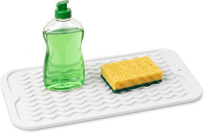 ZLR Silicone Sink Caddy Tray (6" x 12" / 153 x 305mm) - Narrow Sponge Holder for Kitchen Counter - Waterproof Dish Drying Mat, Non-Slip Soap Dispenser Mat & Bathroom Vanity Organizer (Milk White)