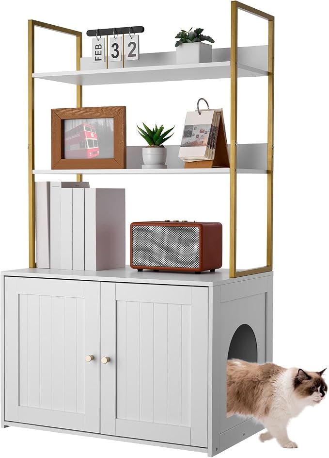 VEVOR Cat Litter Box Enclosure Furniture, 27.6 in Hidden Litter Box Cabinet with Metal Legs & 2-Tier Storage Shelves, Waterproof Washroom Cat House, Fit Most of Litterbox, for Living Room